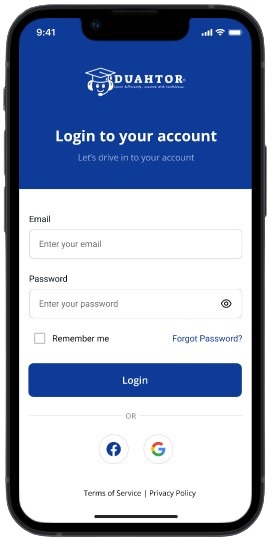 DUAHTOR Mobile App Login Screen
